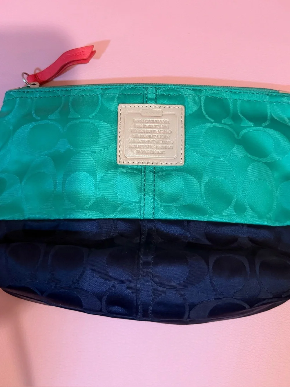 Coach Two-Tone Teal & Navy Signature Cosmetic Pouch with Red Zip Pull